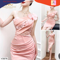 Váy hồng body dự tiệc lệch vai  đính hoa thiết kế sang chảnh sexy DVC V3876