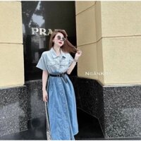 Váy jean bò loang dáng dài phom thụng cổ đức ngực đóng túi nắp xinh xắn PH02 freesize <65kg