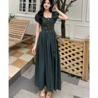 Váy jean dài maxi dáng dài tay phồng cổ nhún dây buộc lưng chun co giãn chất liệu jean mềm hàng quảng châu cao cấp