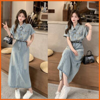 Váy jean dáng dài có kèm đai chất bò mài hàng quảng châu siêu đẹp