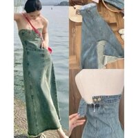 Váy jean ống cup xòe chun lưng khóa kéo, Đầm Jean xòe