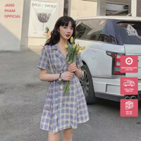 Váy kẻ caro tím thắt nơ eo dáng chữ A phong cách Hàn Quốc