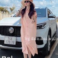 Váy kẻ caro vintage có túi hông chất đũi mềm dáng suông rộng vanmiushop