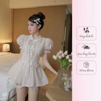 Váy Kẻ Dáng Peplum Chất Thô Cao Cấp, Đầm Cổ Sơ Mi, Tay Bồng Tiểu Thư Đính Nơ Cổ, Xếp Bèo Dọc Ngực T91 Medechill