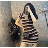 Váy len body polo kẻ ngang
