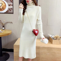 Váy Len Dài Quá Đầu Gối Dày Dặn Cho Nữ Mẫu Mới Áo Mặc Trong Dệt Kim Thu Đông Cổ Cao Váy Liền Dáng Dài Rộng Rãi