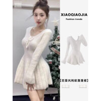 Váy len dài tay lông thỏ chân váy xếp ly xinh xắn cho bạn nữ đi Noel