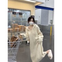 VÁY LEN DÁNG DÀI CÓ MŨ CỔ V PHỐI DÂY THỪNG BUỘC