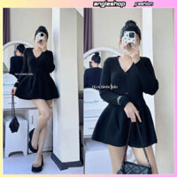 Váy len gân dài tay cổ chữ V dáng xoè, dáng ngắn siêu xinh