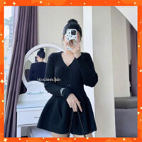 Váy len gân tay dài cổ chữ V dáng xoè, dáng ngắn siêu xinh T349