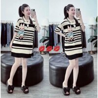 Váy len kẻ ngang dáng suông họa tiết thỏ chất len Mongtoghi mềm min, nhẹ thoáng Freesize từ 40 - 55 kg