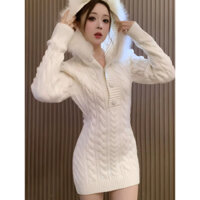 Váy len mũ viền lông đầm len tay dài dáng dài trùm mông dáng body hàng qc 3 màu women tết giáng sinh