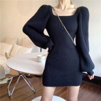 Váy len ngắn cổ vuông tay phồng đẹp