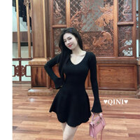 Váy Len Nữ Đầm Body Len Hàn Dáng Ngắn Váy Xòe Cổ Chui Tay Dài Hàng QC Cao Cấp Minefashion AO0049