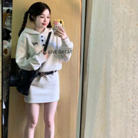 Váy len nữ, váy len lông cừu có mũ trùm đầu phong cách Hàn Quốc, áo khoác màu nâu, có thắt lưng