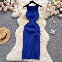 váy len ôm body, đầm đi tiệc, đầm ôm dây rút, đầm sát nách ôm len CD078