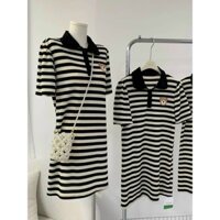 Váy len suông dài kẻ ngang đen đen be cổ đức thêu hình gấu, váy suông cổ đức dáng dài kẻ đen be