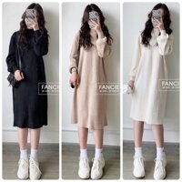 Váy len suông dài tay bo, đầm suông thun len gân dáng dài thu đông - ĐEN