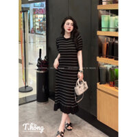 váy len suông đen kẻ sọc trắng 👗