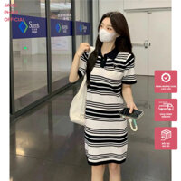 Váy len tăm cổ bẻ kẻ ngang phong cách Hàn Quốc