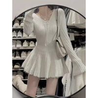 Váy len trắng dài tay dáng ngắn xoè phong cách hàn quốc M2002