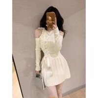 Váy Liền Áo Len Dài Tay Ôm Eo Tôn Dáng Sang Trọng Cổ Điển Kiểu Pháp Mùa Thu Đông Phong Cách Múa Ba Lê Thắt Dây Mẫu Mới