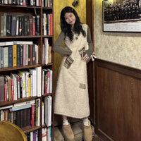 Váy Liền Áo Len Lông Cừu Mẫu Dài Vừa Cổ Tròn Dễ Thương Văn Nghệ Nhật Bản Váy Yếm Chữ A Trẻ Trung Xuân Thu Cho Nữ