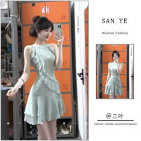 Váy Liền Cổ Hở Vai Bèo Nhún Khí Chất Kiểu Pháp Váy Ngắn Tôn Dáng Thon Gọn Chiết Eo Phong Cách Mong Muốn Thuần Khiết Mẫu