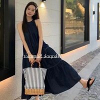 Váy Liền Cổ Hở Vai Kiểu Pháp Mẫu Mới Mùa Hè Màu Xanh Đậm Cao Cấp Dáng Dài Vừa Rộng Rãi