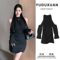 Váy Liền Cổ Hở Vai Phong Cách Mong Muốn Thuần Khiết Váy Ngắn Tôn Dáng Gầy Bó Eo Khí Chất Dài Tay Mẫu Mới