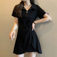 Váy Liền Cổ Polo Cỡ Lớn Váy Đen Nhỏ Khóa Kéo Sang Trọng Không Quy Tắc Tôn Dáng Tay Ngắn Thời Trang Mẫu Mới Mùa Hè Cho Nữ