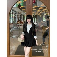 Váy Liền Cổ Sơ Mi Phối Bèo Váy Xếp Ly Xòe Tôn Dáng Hàng Thiết Kế Larissa Màu Đen