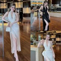 Váy liền cổ yếm X56 kèm tag cài hoa