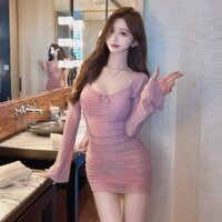 Váy Liền Dài Tay Lưới Ngây Thơ Váy Hở Vai Cổ Chữ Màu Tím Gợi Cảm Váy Ngắn Ôm Sát Ôm Mông Nữ