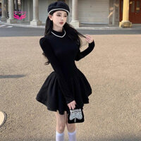 Váy liền dài tay màu đen khí chất nữ thu đông cổ cao bồng bềnh