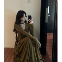 Váy Liền Dây Nổi Xếp Ly Cảm Giác Thiết Kế Thích Hợp Váy Dài Dệt Kim Chữ A Tôn Dáng Thon Gọn Mùa Thu Cho Nữ