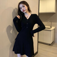 Váy Liền Dệt Kim Cổ Chữ V Mẫu Mới Mùa Thu Đông, Áo Len Chữ A Kiểu Pháp Khí Chất Tôn Dáng Chít Eo