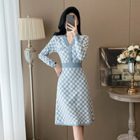 Váy Liền Dệt Kim Dáng Dài Vừa Khí Chất Cổ Chữ V Váy Áo Len Chữ A Cạp Cao Tôn Dáng Tinh Tế Cao Cấp Mẫu Mới Cho Nữ
