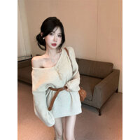 Váy liền dệt kim hở vai váy áo len cổ chữ V trễ vai dáng dài vừa thắt lưng cho nữ