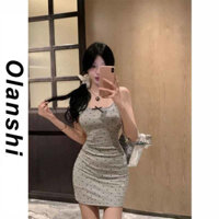 Váy Liền Hai Dây Chấm Bi Nơ Bướm Váy Ôm Hông Ôm Eo Màu Xám Gái Xinh Dáng Người Nhỏ Bé Mùa Hè Cho Nữ