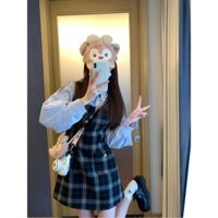 Váy Liền Hai Dây Kẻ Sọc Thiết Kế Thích Hợp Tôn Dáng Eo Thon Gọn Phong Cách Hàn Quốc Mùa Xuân Bộ Áo Sơ Mi Mặc Nhiều Lớp