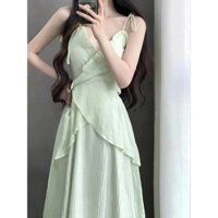 Váy Liền Hai Dây Thiết Kế Bất Quy Tắc Khâu Nhẹ Nhàng Màu Xanh Lá Váy Phong Cách Thuần Khiết Cao Cấp Mẫu Mới Mùa Hè