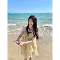 Váy Liền Hai Dây Xếp Tầng Phối Bèo Nhún Thiết Kế Kiểu Pháp Váy Ngắn Rộng Rãi Thắt Dây Mẫu Mới Mùa Hè Sành Điệu