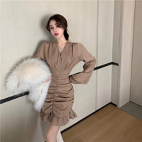 Váy liền Hàn Quốc thu đông váy dài tay mùa xuân cho nữ không quy tắc