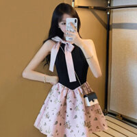 Váy Liền Hở Vai Cổ Không Tay Phối Màu Tương Phản Kiểu Pháp Váy Ngắn Bồng Bềnh Trẻ Trung Dáng Nhỏ Cao Cấp Mùa Hè Cho Nữ