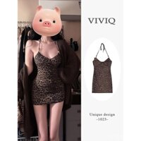 Váy liền họa tiết da báo dây treo cổ gợi cảm nóng bỏng cho nữ váy ngắn ôm hông ôm eo thon gọn mẫu mới đầu xuân cho nữ