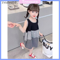 ✨Váy liền kẻ sọc màu tương phản cho bé gái mẫu mới Treasure2025, áo ba lỗ rộng rãi mùa hè thời trang, váy lồng đèn không tay em bé kiểu Tây