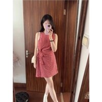Váy liền không tay caro màu đỏ Trà Đen Bá Tước Shop nữ váy vest biển đẹp mùa hè [K & KONG]
