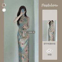 Váy liền không tay sườn xám in sơn dầu phong cách Trung Quốc mới váy dài xẻ tà tôn dáng khí chất mẫu mới mùa hè cho nữ