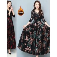 Váy liền lót nhung dày dặn cho mẹ trung niên và Già Váy dài mùa đông dáng dài cao cấp mẫu mới 2025 mùa thu đông cho nữ
